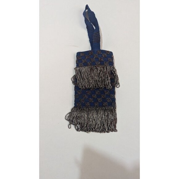 Beaded  Woven Drawstring Pouch Lot 2 Unique Bags Fringed & Patterned Small Vinta - Picture 8 of 10